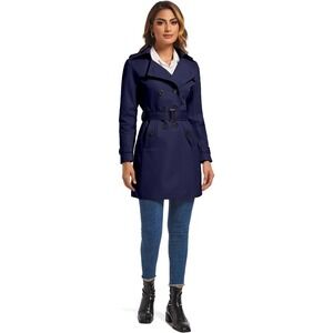 FARVALUE Womens Double Breasted Lapel Trench Coat Water Resistant Belted Navy M